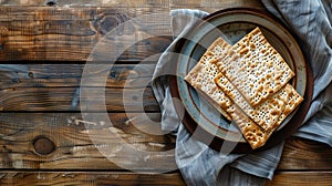 Happy Passover - Happy Pesach. Traditional Passover bread on wooden table.