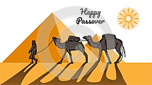 Happy passover, pesach. Vector illustration of passover with desert, egyptian pyramids, caravan, camels.