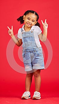 Happy, peace sign and smile with portrait of girl for summer, happiness and funny face. Meme, fashion and cute with