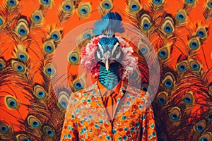 a happy peacock in an orange shirt. created with Generative AI technology