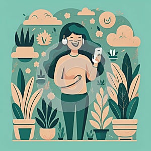 Happy pearson with mobile phone. Plant lover.