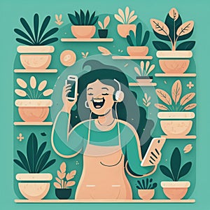 Happy pearson with mobile phone. Plant lover.