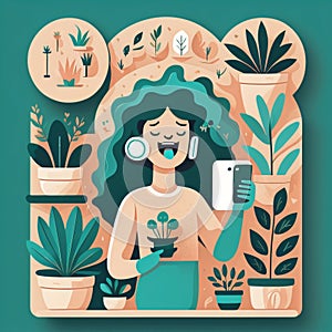 Happy pearson with mobile phone. Plant lover.