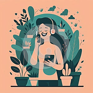 Happy pearson with mobile phone. Plant lover.