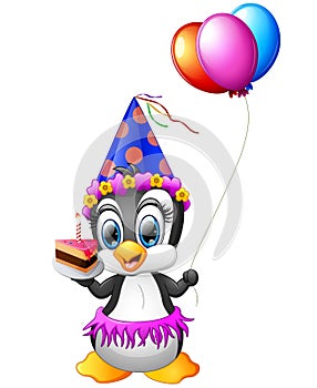 Happy penguin cartoon holding birthday cake and balloon