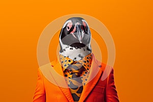 a happy penguin in an orange shirt, created with Generative AI technology