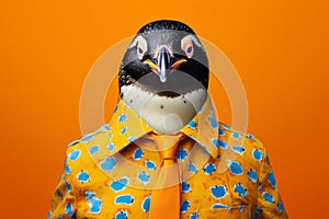 a happy penguin in an orange shirt, created with Generative AI technology