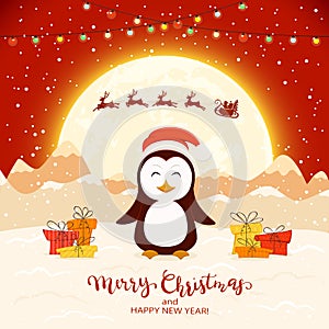 Happy Penguin and Santa on Red Christmas Background