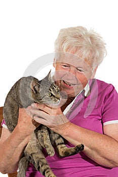 Happy pensioner with her cat