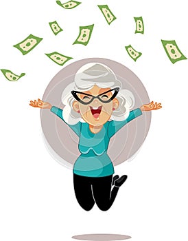 Happy Pensioner Woman Throwing Money up in the Air