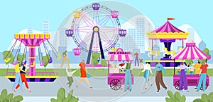 Happy people in amusement park, colorful entertainment festival, carnival holiday, design cartoon style vector