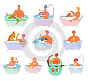 Happy people in bath with domestic animals or pets - dog, cat, rabbit and other taking bath vector illustration.