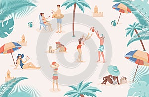 Happy people at beach relaxing, doing summer outdoor activities vector flat illustration.