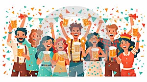 Happy people with beer glasses celebrating Oktoberfest. Group of young men and women drinking beer and having fun. Vector