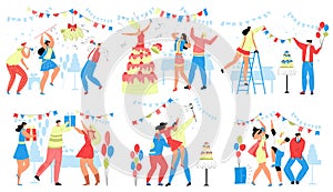 Happy people in birthday party vector illustration set, cartoon flat man woman characters celebrate birthdate together