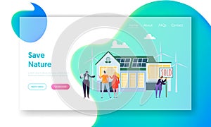 Happy People Buying New Home. Real Estate Agent Communicate with Clients. Eco House Concept Landing Page, Ecology Green Energy