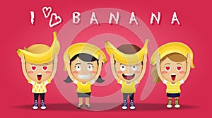 Happy people carrying big bananas