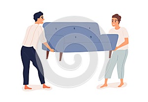 Happy people carrying new sofa together. Men holding and moving couch for furnishing home with modern furniture