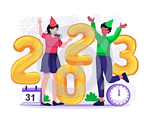 Happy People Celebrate New Year 2023. A Couple is doing a Fun Party with Balloon Numbers 2023 and Fireworks. Vector illustration