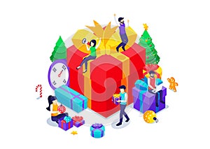 Happy People celebrate the New year with gift boxes, Christmas tree decorations. Happy New year design concept. Isometric Vector