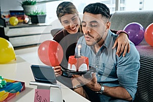 Happy People Celebrating Birthday Party Doing Video Call On Smartphone