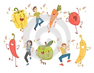 Happy People Character Dancing with Cheerful Vegetables and Fruits Vector Set