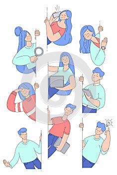 Happy People Character Looking from Corner with Marketing Symbol Vector Set