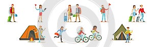 Happy People Character Traveling on Vacation Have Trip Vector Set
