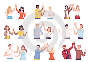 Happy People Characters Giving High Five to Each Other Vector Illustration Set