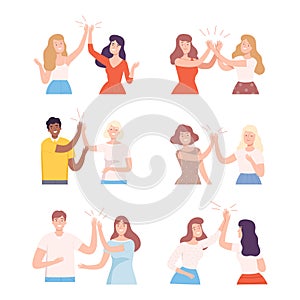 Happy People Characters Giving High Five to Each Other Vector Illustration Set