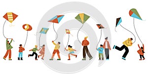 Happy people and children flying kite outdoors vector illustration