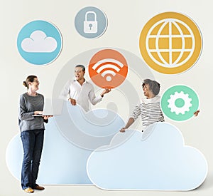 Happy people with cloud and technology icons