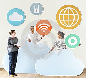 Happy people with cloud and technology icons