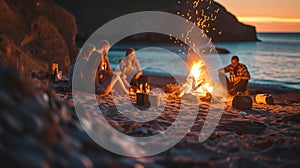 happy people on a cozy picnic on the beach in the evening selective focus positive vibe campfire