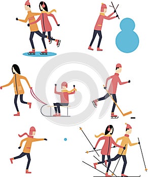 Happy people are doing winter sports out-of-doors. Flat design vector illustration.