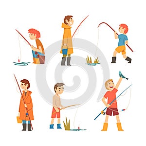 Happy people enjoying fishing set. Male characters sitting and standing with fishing rods. Boy showing caught fish on