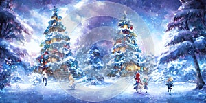 Happy people enjoying a magical snowy Christmas scenery