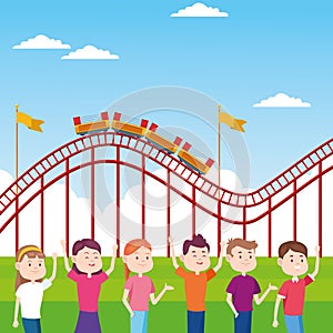 Happy people in the fair over roller coaster background