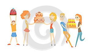 Happy People with Festive Cakes Set, Men and Women Carrying Sweet Desserts for Birthday, Wedding Party Celebration