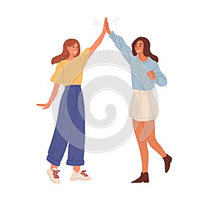 Happy people giving high five. Friends greeting or supporting each other. Informal hi gesture. Concept of friendship