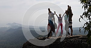 Happy People Group On Mountain Top Raise Hands Enjoying Beautiful Landscape Together Tourists Men And Women