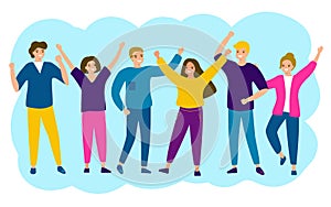 Happy people have fun. Group of young men and women rejoice in victory. One team, partners, friends, buddies. Vector illustration