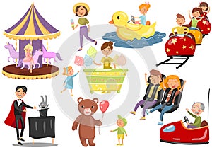 Happy people having fun in amusement park set, carousel, ferris wheel, roller coaster, car, magician cartoon vector