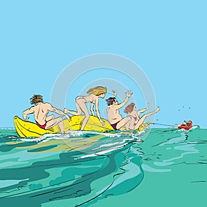 Happy people having fun on banana boat