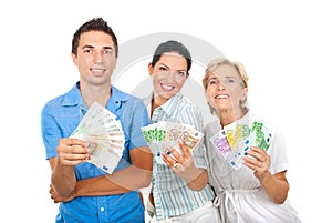 Happy people holding euro money