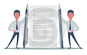 Happy people holding a pencil and a pen standing at completed checklist on clipboard. Vector flat illustration.