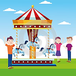 Happy people in the horses carousel over landscape background, colorful design