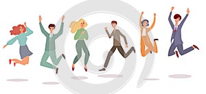 Happy people jumping in air - cartoon set of men and women mid jump