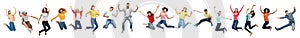 Happy people jumping in air over white background photo
