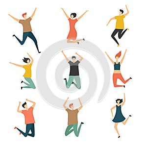 Happy people jumping. Celebrate jubilation jump group of man and women teens laughing cute and funny vector stylized